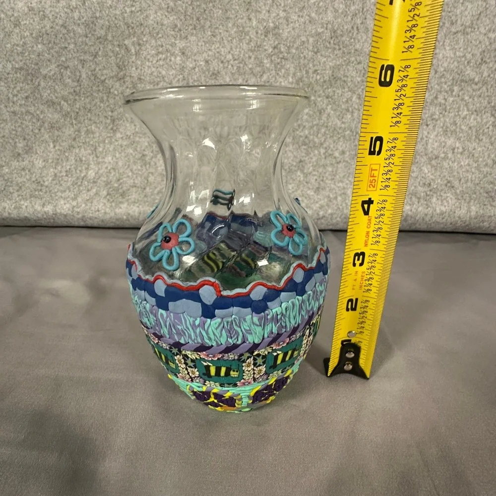Handmade Polymer Clay Overlay Vase Small Multicolor Floral Bee Art Glass
